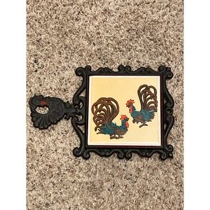 Vintage  Cast Iron Rooster Trivet Japan Cherry Chickens Wall Hanging